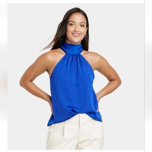 A New Day Satin Royal Blue Halter Tie Back Blouse Top